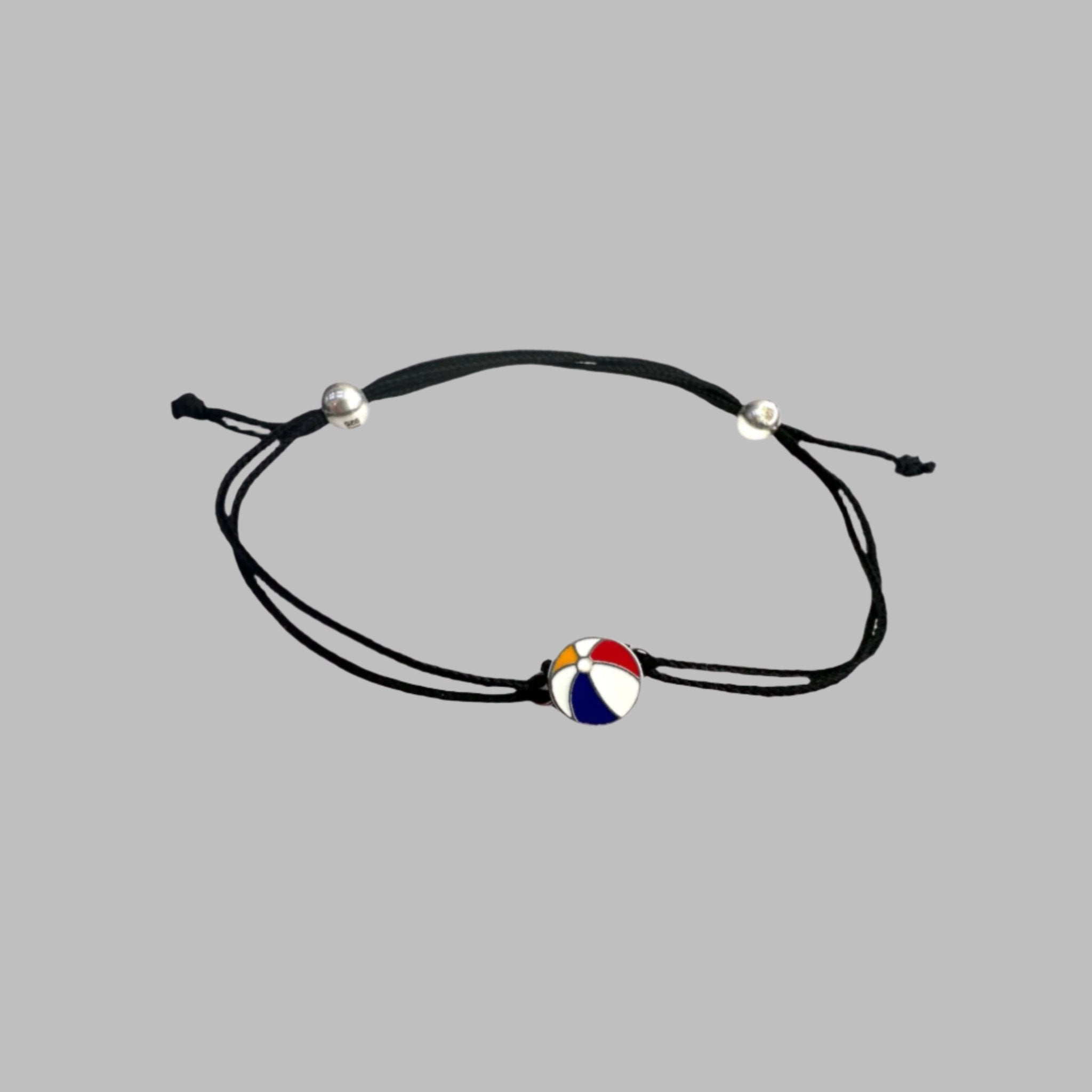 Beach Ball , Sterling, silver black adjustable cord bracelet